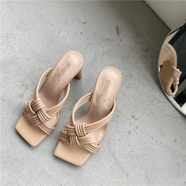 

slippers women 2021 fashion brand weave ladies slides outside square high heels mules sandals summer pumps shoes, Black