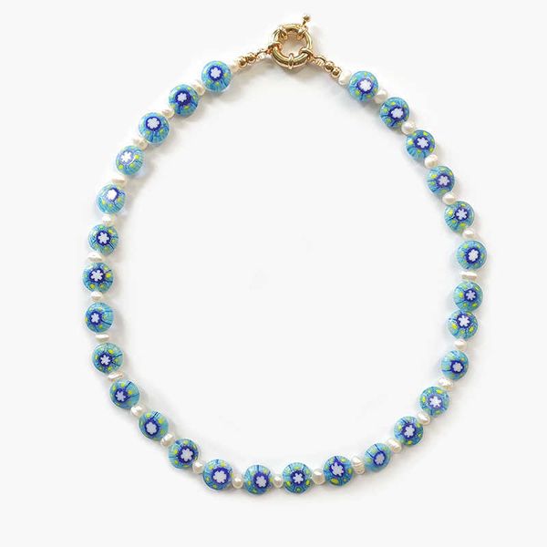 

bohemian blue beads beaded necklace freshwater pearl mix and match creative design jewelry for women party charm accessories, Silver