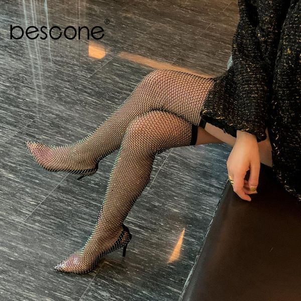 

boots bescone crystal mesh over-knee-boots woman pointed toe mature style super high thin heel fashion shoes bm745, Black