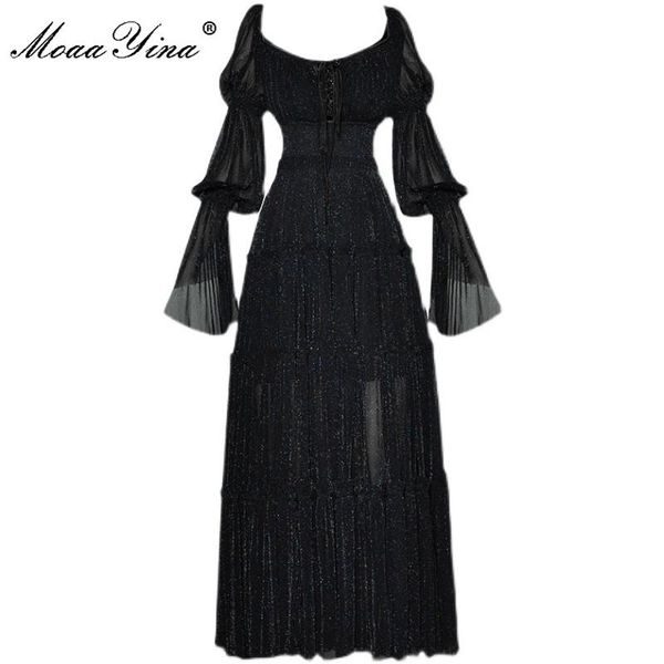 

casual dresses moaayina fashion runway dress 2021 women's summer long gorgeous party square collar black flare sleeve elastic waist, Black;gray