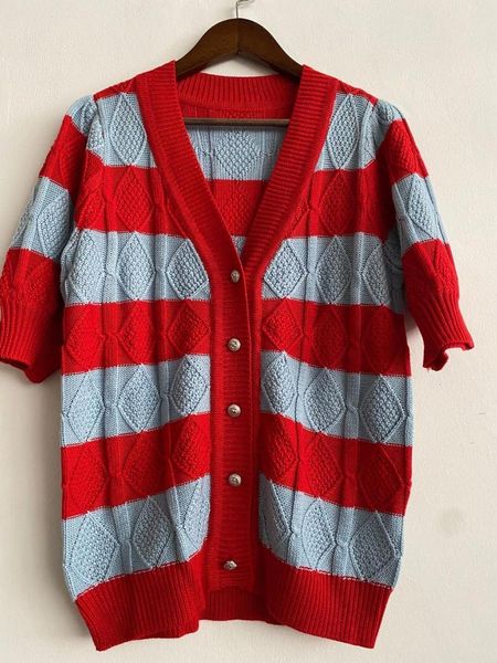 

women's knits & tees 7evening ladies v neck contrast color rhombus knitted patchwork cardigan - 2021 latest fashion warm sweater, White