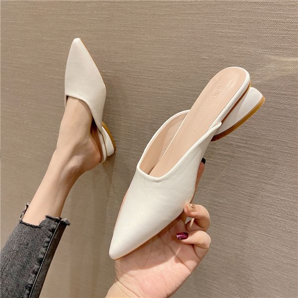 

half slippers empty baotou back slippers women wear middle heel net red thick pointed sloucher shoes 7259 2nl3, Black