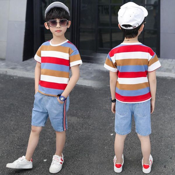 

kids boys stripe and denim pants sets summer sport suits teenage boy 4 5 6 7 8 9 10, White