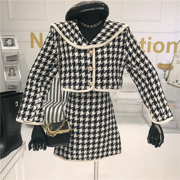 

autumn vintage houndstooth tweed 2 women dress piece button set plaid single breasted short jacket coat bodycon mini skirt suit, White