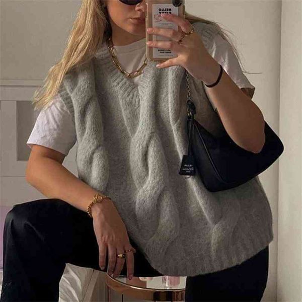 

puwd vinatge woman grey oversized v neck thick knitted vest autumn winter fashion ladies loose soft tank female casual sweaters 210522, Black;white