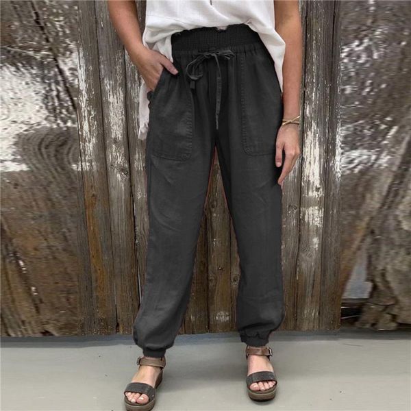 

women's pants & capris fashion summer women cotton linen drawstring loose plus size spring long trousers s-3xl pocket lady casual femal, Black;white