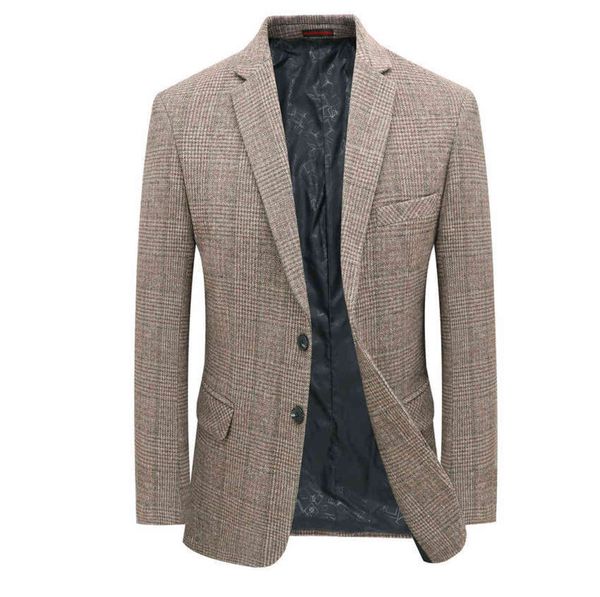 

man wool tweed blazer plaid woolen fabric jacket suit navy blue camel gray costumn homme notched collar cuff button design coats 211111, White;black