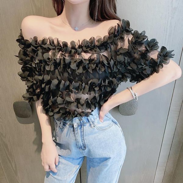 

women's blouses & shirts off shoulder three dimensional flower blouse shirt elegant high waist loose cotton casual summer ladies female, White