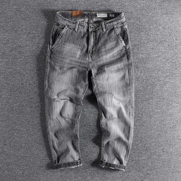 

men's jeans 2021 arrival smoke gray three-dimensional slim small straight hole trouser youth 204, Blue