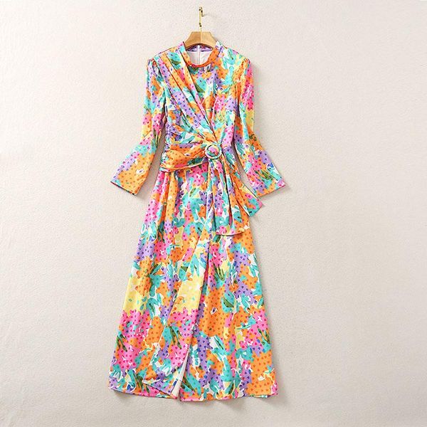 

casual dresses harleyfashion european america colorful printed dress women 2021 spring o-neck long sleeve with belt medium length, Black;gray