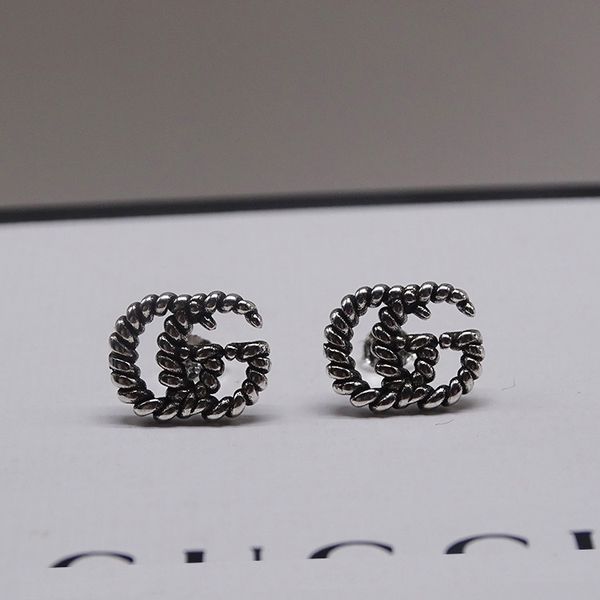 

design jewelry 925 double interlocking carved pattern thai silver earrings fashion temperament webcast, Golden;silver
