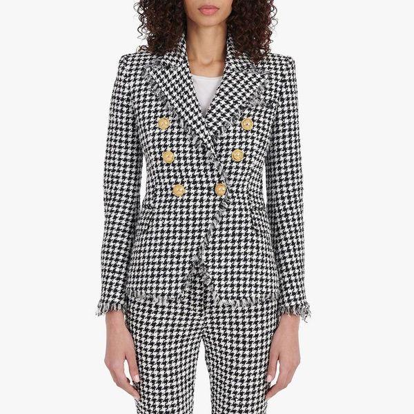 Fatos femininos blazers 2021 moda clássico preto e branco xadrez houndstooth tweed franjas soltas borda blazer jaqueta de lã