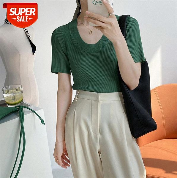 

zhi zhaoxi net red ice silk short-sleeved knitted t-shirt women jane u-neck slim slimming bottoming shirt yl833 #vg0v, Black;gray