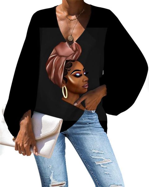 

art african magic girl loose women blouses casual spring summer long sleeve afro lady v neck, White