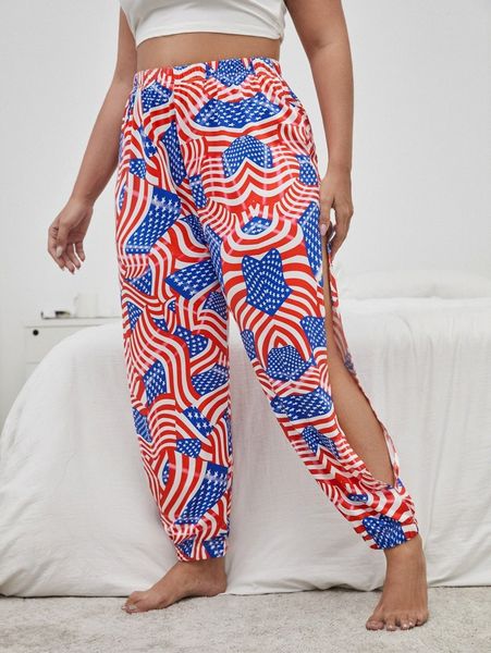 

plus stripe & star print split sleep pants q81h#, Black;white