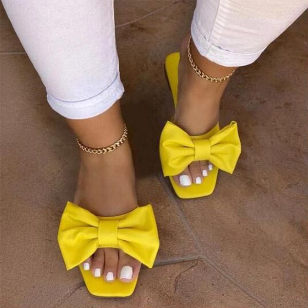 

slippers 2021 yellow square open toe bowknot flat heel slip-on slides casual summer outdoor beach female flip flops, Black