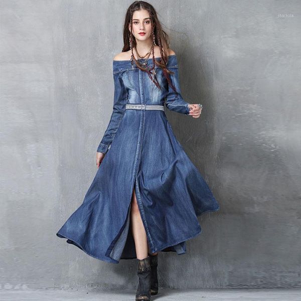 

casual dresses spring fall 2021 womens slash neck long sleeve sash slim denim dress , female woman bleached fashion blue jeans, Black;gray