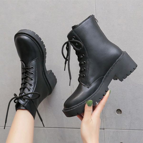 

fashion women boots autumn winter motorcycle ankle platform ladies black leather shoes woman high heels