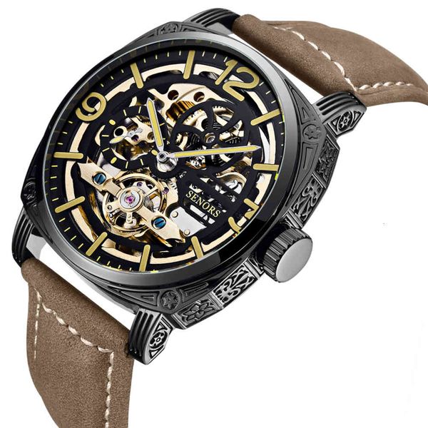 

automatic 3d design hollow engraving black gold case leather skeleton mechanical watches men luxury brand, Slivery;brown