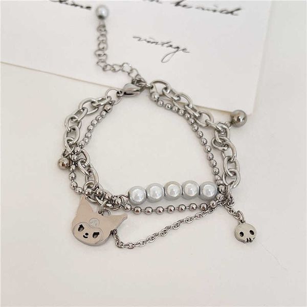 

skull head adjustable double-layer stacked kulomi bracelet titanium steel pendant multi-layer reflective bead girlfriends hand ornaments, Golden;silver