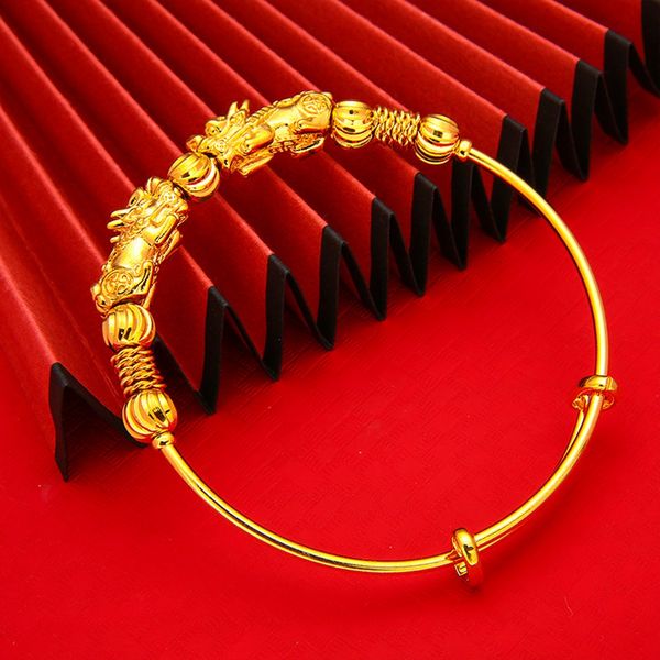 

lucky beads push pull bangle for women men 18k yellow gold filled classic vintage bracelet jewelry dia 62mm fashion accessories, Black