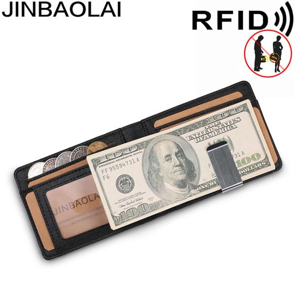 

the wallet jinbaolai magnetic men's leather dollar clip cowhide solid color ultra thin card bag rfid wallet, Black