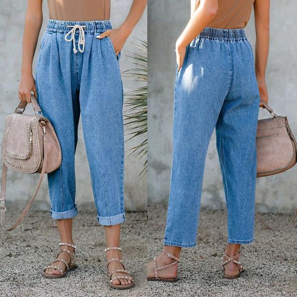 

women's jeans donsignet women spring and summer loose lace up elastic waist straight ankle-length pants fashion high, Blue
