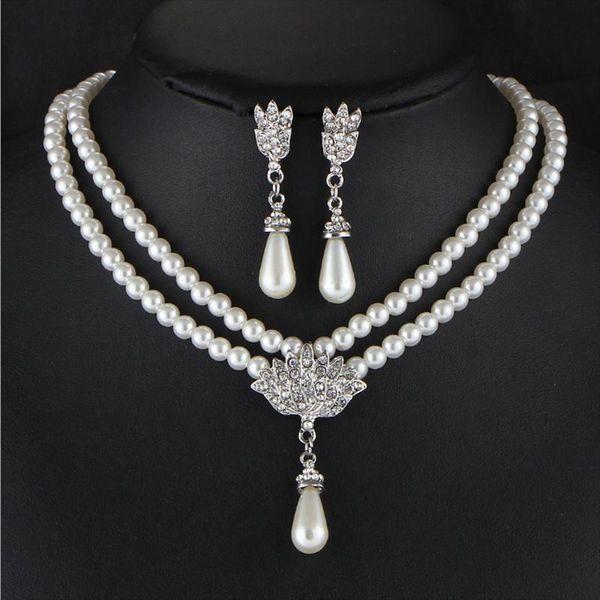 

earrings & necklace vintage faux pearl crystal jewelry set for women imitation pendant bridal wedding engagement, Silver