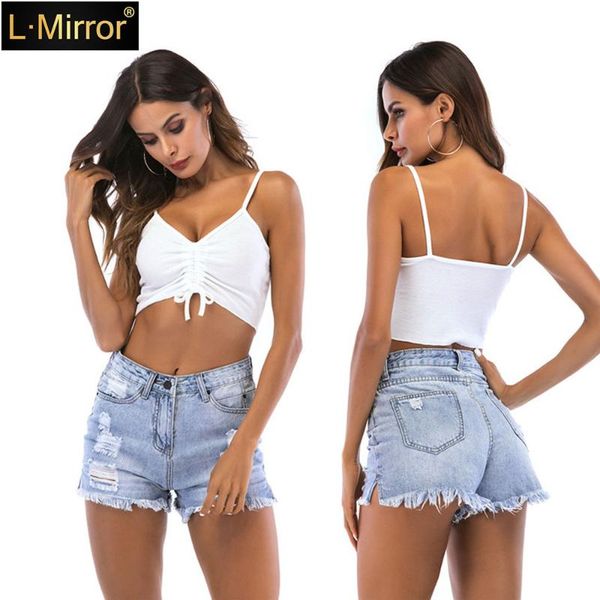 

women's tanks & camis l.mirror 1pcs vest slim tank sling lace-up front ruched crop sleeveless shirt blouse, White