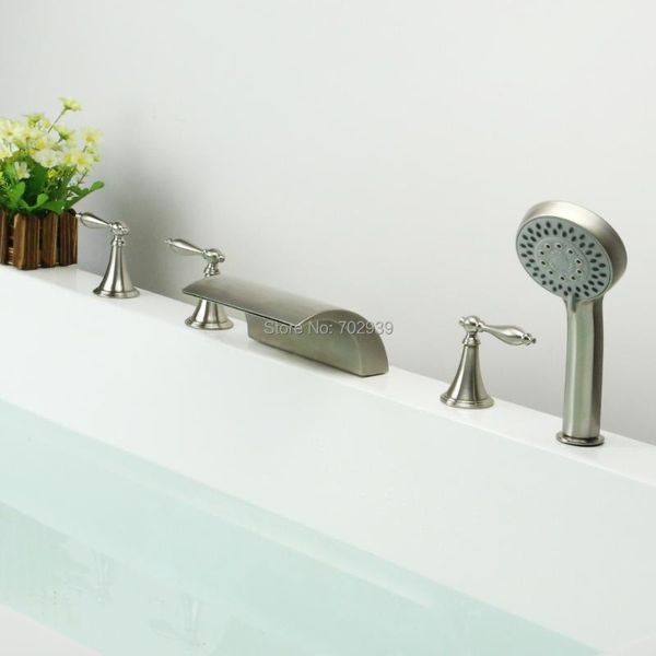 

contemporary nickel brushed five holes three handles waterfall bathtub faucet with hand shower bathroom sets