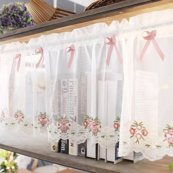 Tende per tende Mezza tenda in pizzo stile europeo Orlo ricamato bianco Tulle Decorazione con fiocco rosa Corto per porta dell'armadio da cucina