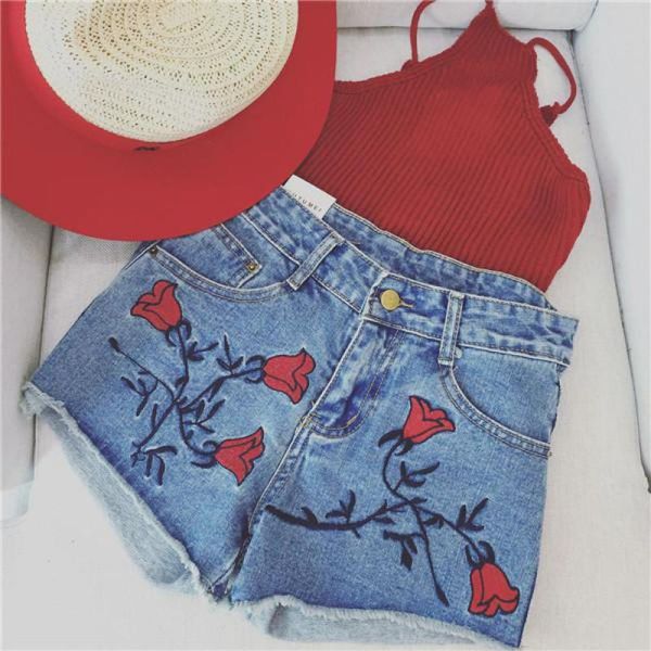 

women's shorts summer korean style personality rose embroidered high waisted denim feminino short 2021, White;black
