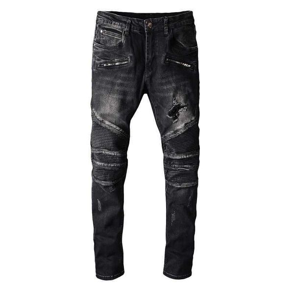 

men's jeans 1089 high street white three-dimensional cut dark zipper locomotive personalized wrinkle elastic slim small leg jeans, Blue