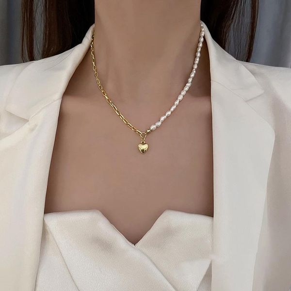 

chokers lovoacc chic natural freshwater pearl necklaces for women asymmetric gold color linked chain love heart pendant necklace jewelry, Golden;silver