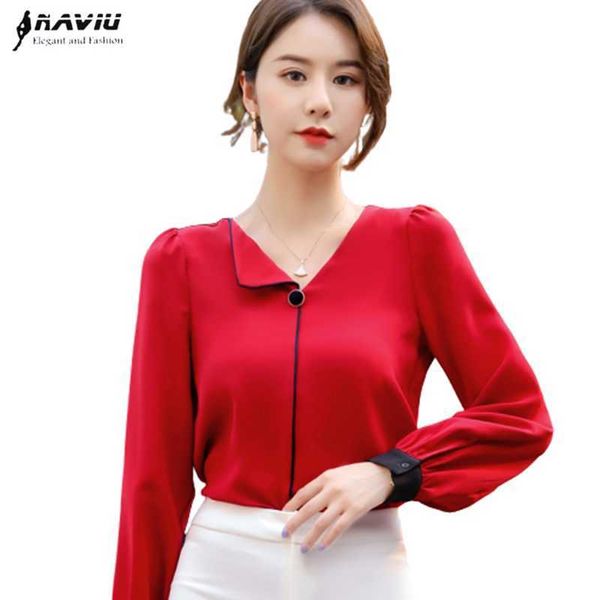 

red satin chiffon shirt women temperament v neck design long sleeve ol blouses office ladies fashion formal work 210604, White