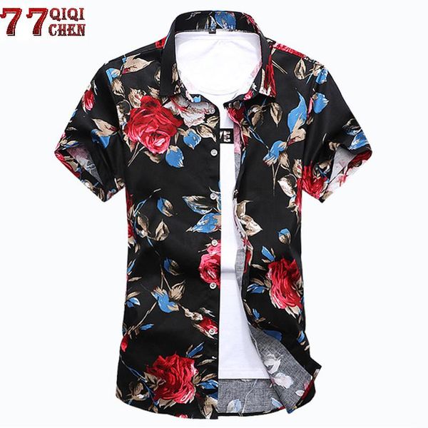 

plus size -7xl summer fashion floral printing mens shirt casual slim fit short sleeve clothing flower shirts hombre men's, White;black