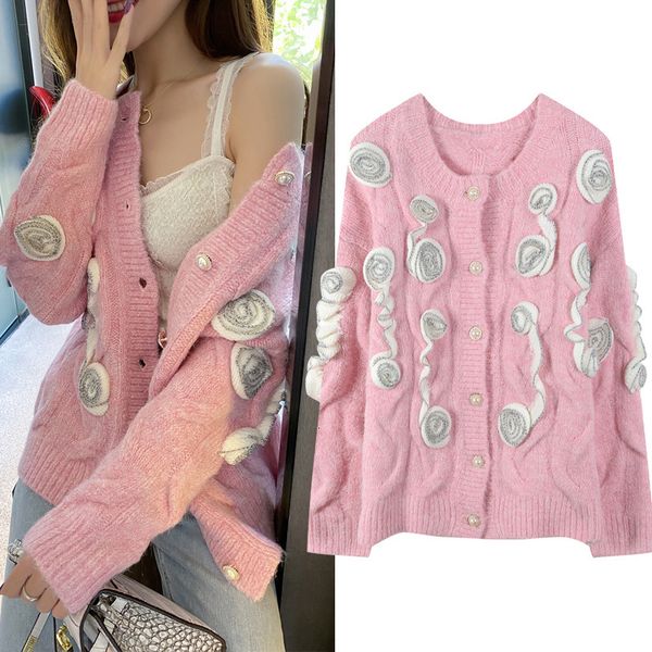 

women's jackets winter christmas women luxury 3d flower pink cardigans cable crew elegant fashion pearl button sweater clothing 822i, Black;brown