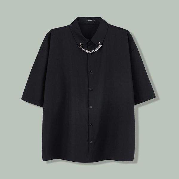 

men's casual shirts dark wind necklace solid color shirt hip hop short sleeved hipster cardigan loose harajuku streetwear oversize, White;black