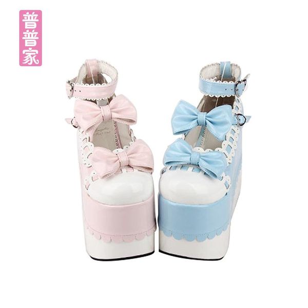 

princess sweet lolita shoes japanese spring and autumn cos cartoon round head bow muffin women pu9896 sandals, Black