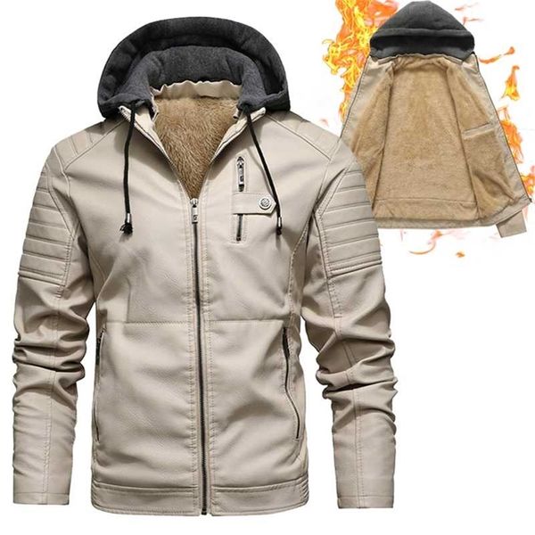 Mens Fur Linner Casaco de Couro Inverno Casacos Quentes Masculinos Magro Removível Com Capuz Outwear Windbreaker Jaquetas de Motocicleta Fleece 5xl 211110