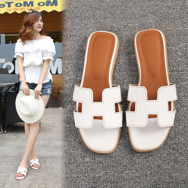 

slippers brand natural leather ladies sandals fashion flat shoes size 34-42, Black