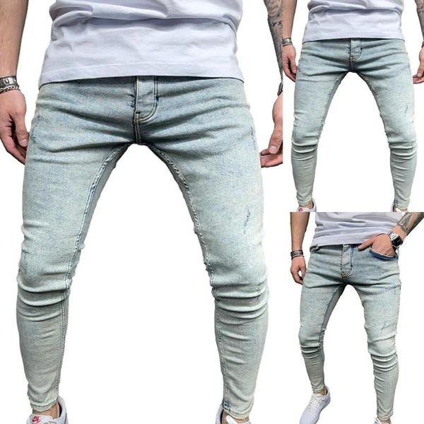 

men's jeans slimming long men plus size skinny trousers casual male solid color denim pants, Blue