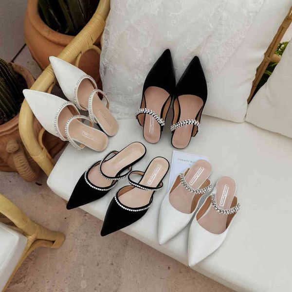 

fashion women slippers pointed toe casual ladies slides flip flops chain flat heels summer comfortable soft soles 210513, Black