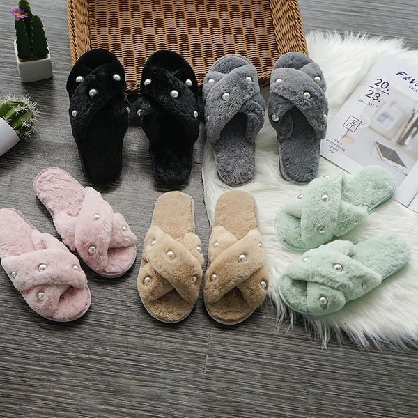 

slippers shoes women flat pantofle low slides fashion soft 2021 luxury short plush casual cotton fabric rome basic with, Black