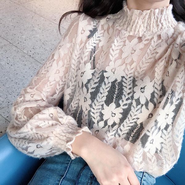 

women sweet hollow out lace blouses full sleeve shirts female solid elegant undershirts x0521, White
