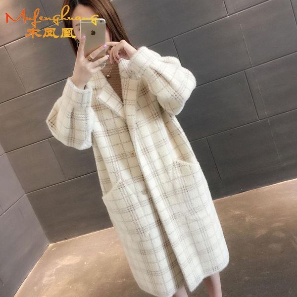 

women's wool & blends 2021 mid-length sweater autumn and winter non-shedding imitation mink velvet jacket knit cardigan loose coat, Black