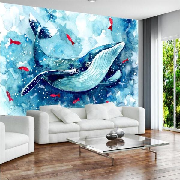 

shuhiko modern simple abstract hand-painted cartoon whale watercolor mural backdrop custom large fresco wallpaper wallpapers