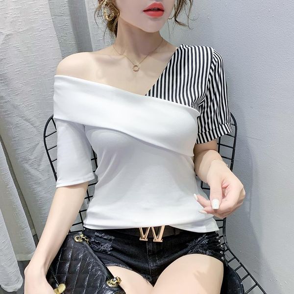 

women's t-shirt summer european clothes fashion patchwork off shoulder women ropa mujer short sleeve cotton tees 2021 t05514, White