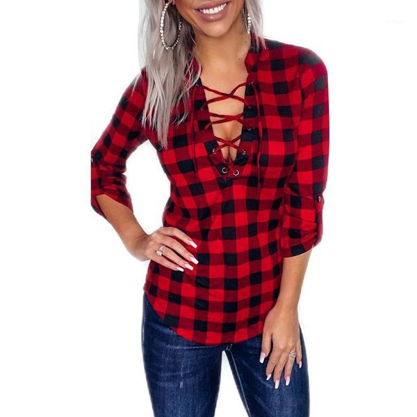 

women's blouses & shirts sale vintage plaid print pullover women long sleeve cut out autumn v-neck hollow lace-up female shirt blusas, White