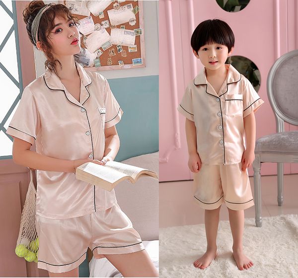 

summer family matching outfits 2-11t kids & mother silk-like homewear boys and girls solid short sleeve pajamas sets +pants=2pcs/set, Blue